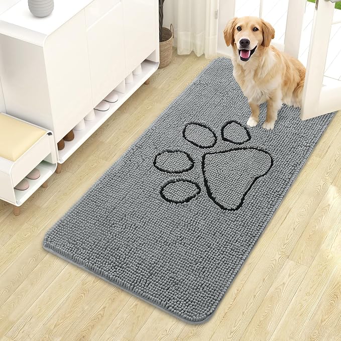 OLANLY Dog Door Mat for Muddy Paws 44x24, Paw Print Design Chenille Mud Mat | Grey, Super Absorbent, Traps Moisture and Dirt, Non-Slip Washable Doormat, Quick-Drying Indoor Entryway Floor Carpet for Dogs