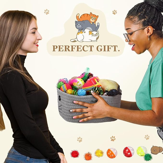 Zopeal 58 Pcs Summer Cat Storage Basket Gift Toys Set, Colorful Flashing Balls Pet Bell Crinkle Balls Spring Toys Attract Cat to Swat, Hunt, Interactive for Pet(Grey,9.8 Inch)
