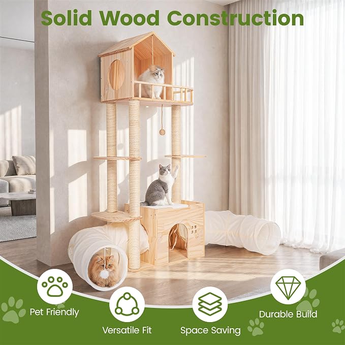 58 Inch Large Solid Wood Cat Tree, Tall Cat Tower for Indoor Cats, Cat Tree House with Double Tunnels, Sisal Scratching Posts, Washable Cushion, Hanging Balls, Natural