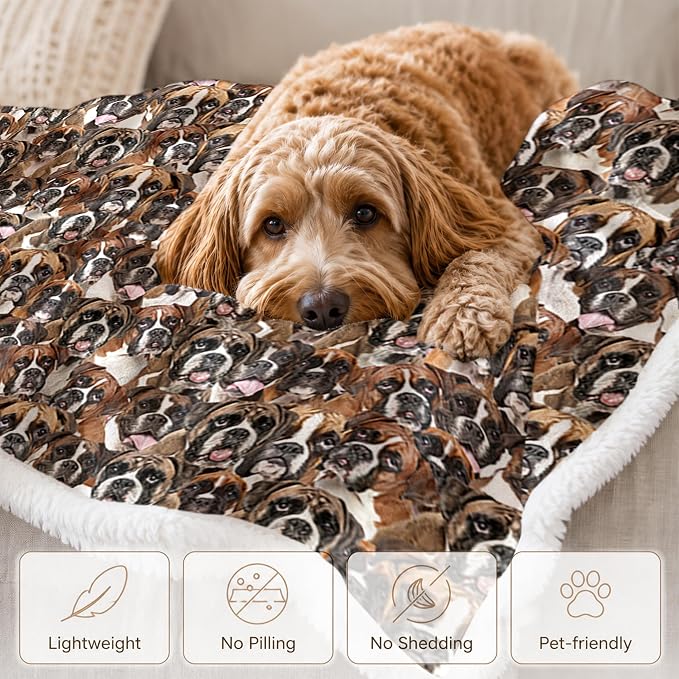 BlessLiving Boxer Brown Throw Blanket with Dense Dog Patterns Sherpa Fleece Blanket Couch Bed, Soft Cozy Warm Pet Blankets for Puppy Lovers Cute Animal Print Gift 60x80 Inches