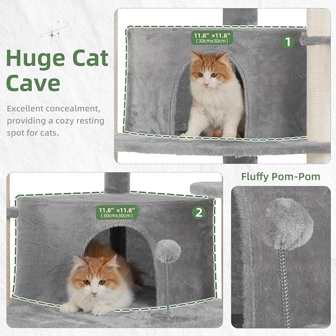 Corner Cat Tree, All Sisal Multi-Cat Scratching Posts GCT035W | 63.8" Cat Tower for Indoor Cats with Cat Condo, 2 Large Cat Caves, Big Top Perch, 2 Hanging Baskets & Sisal Ramp, Light Gray