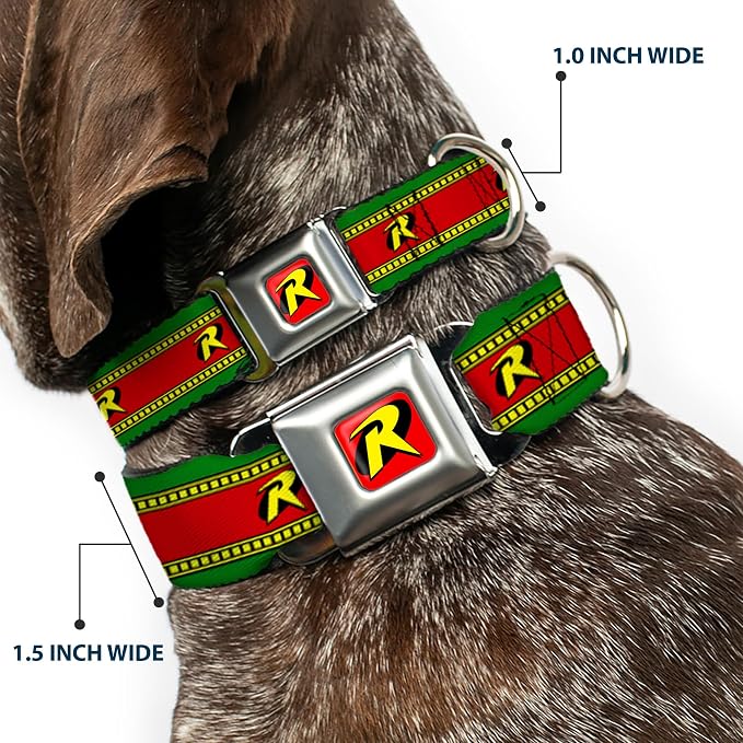 DC Comics Pet Collar, Dog Collar Metal Seatbelt Buckle, Robin Action Pose Logo Stripe Green Yellow Red Black, 13 to 17 Inches 1.5 Inch Wide