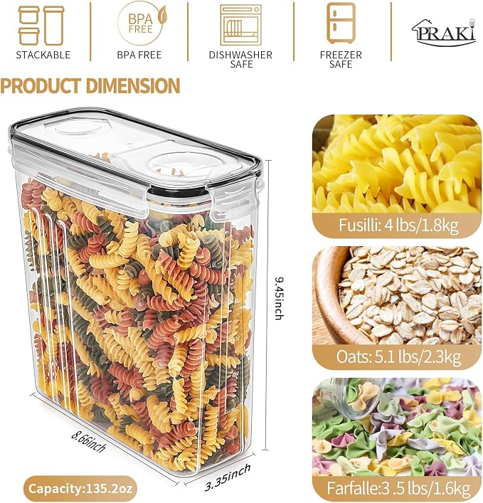 PRAKI Cereal Containers Storage Set (4L,135.2 Oz), 4PCS Airtight Food Storage Containers with Pour Spout for Kitchen & Pantry Organization Cereal Dispensers with 20 labels, Measuring Cup & Marker | Airtight Food Storage Containers for Kitchen & Pantry ...