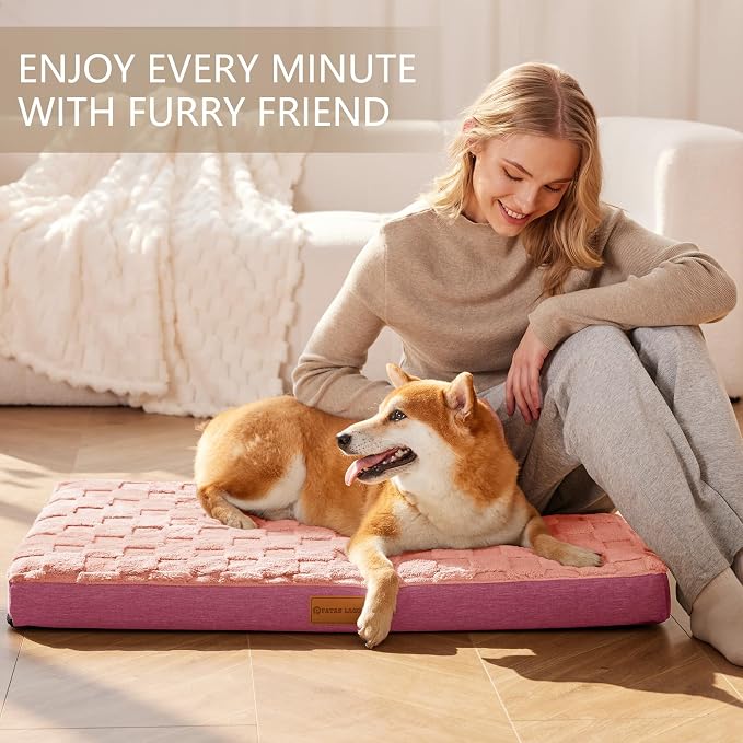 Patas Lague Orthopedic Large Dog Bed Washable Pet Crate Mat 42''X28'' Pink | Egg-Crate Foam Dog Couch For Large Sized Dogs, Waterproof Removable Cover, Soft Pet Bed With Nonskid Bottom