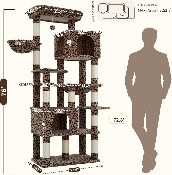 Heybly Cat Tree, 76-Inch Tall Heavy Duty Cat Tower for Big Cats HCT039BW | Multi-Level Large Cat Furniture with Extra Wide Baseboard, 2 Condos & 2 Hammocks, 10 Scratching Posts, Leopard Print