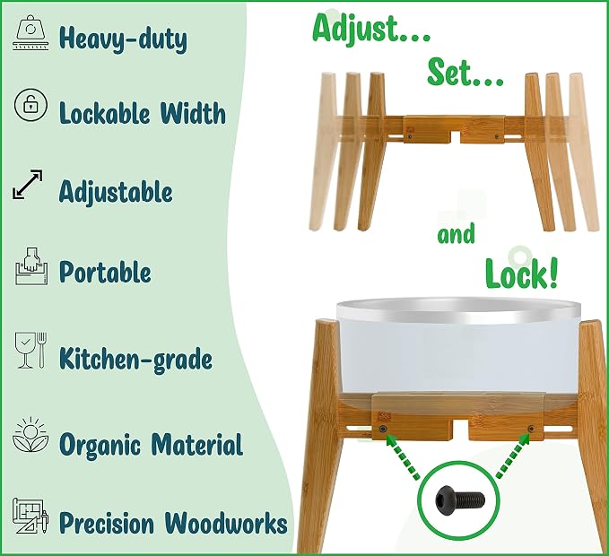 Dog Bowl Stand for Mid-Large Dogs | Adjustable, Bamboo, 12-inch High | Use to Elevate, Raise Pet Food Water and Slow Feeder Bowls, Expandable with Locking Option, Non-Slip Feet, Stand Only
