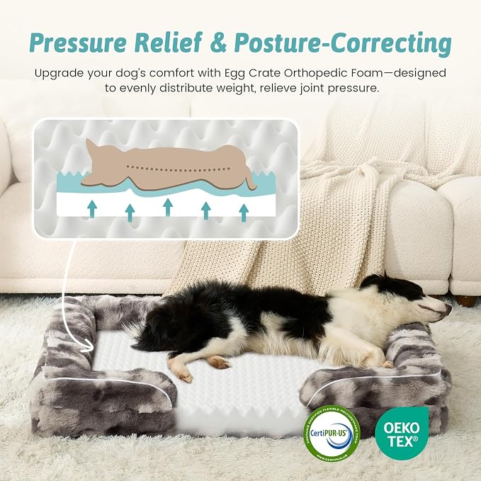 COZY KISS Orthopedic Dog Bed for Medium Small Size Dog, Soft and Warm Faux Fur Sofa for Pet Up to 40 lbs, Foam Bolster Anti-Slip Couch with Washable Removable Cover, M 30x20x6.5 inch, Tie Dye Grey