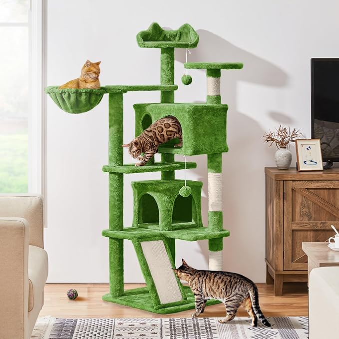 Topeakmart 57in Cat Tree Tower with Scratching Posts for Multiple Cats | Easy to assemble, a great first cat tree with perches, hammock and anti-tip strap, ideal for small to medium cats, green
