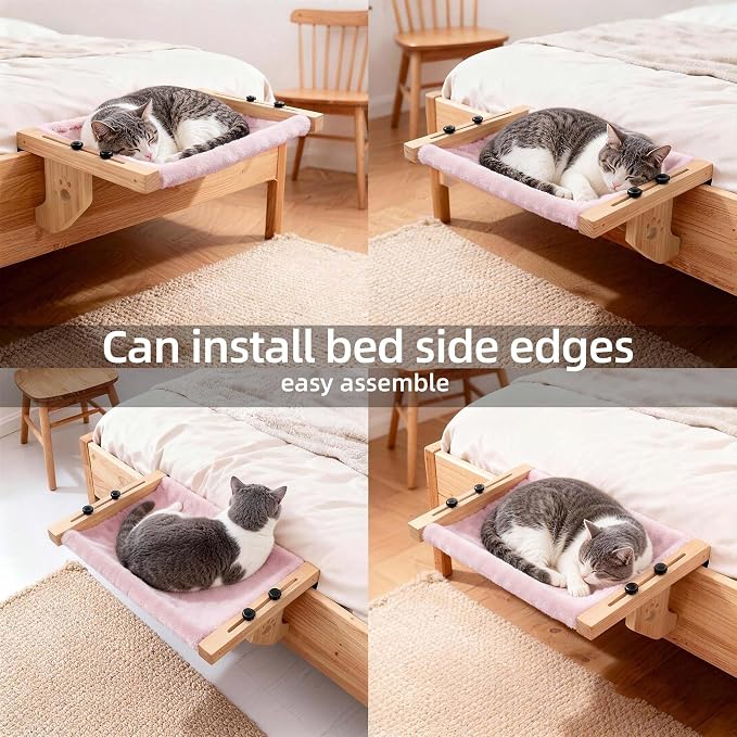 ESPETS Wooden Cat Window Bed for Large Cats, Pink Cat Window Perch Hammock | Solid Wood Window Ledge Perch, Sturdy Large Size Shelves, Soft Thick Removable Cushion, Easy Assemble Adjustable, Hold 50LBS
