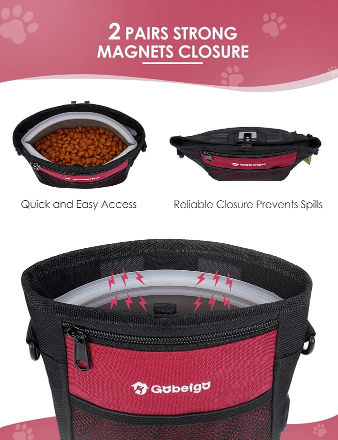 4 Cup Dog Treat Pouch with Silicone Insert Bag& Clicker(Red) | 2 Pair Magnetic Closures, Belt Clip/Waist Belt/Crossbody Wear, Zipper Pocket Poop Bag Holder for Pet Training/Daily Walking