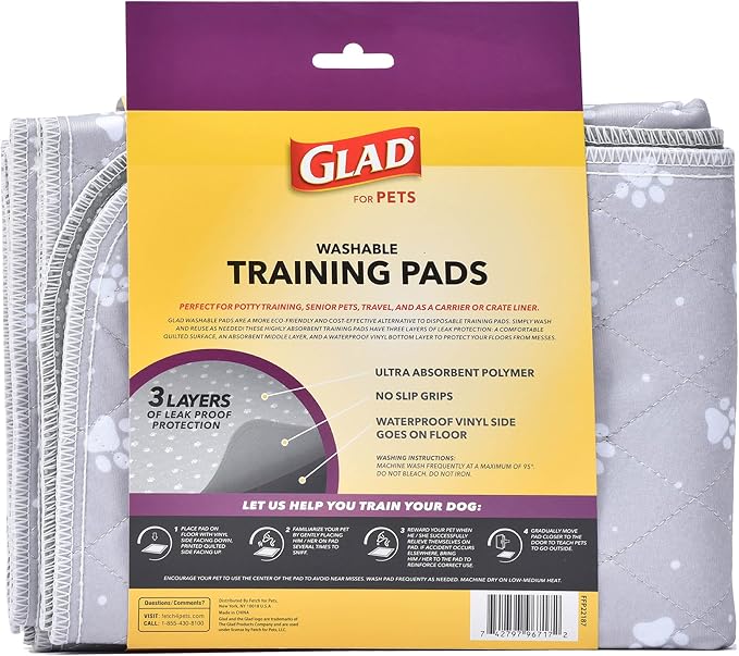 Glad for Pets Washable Dog Pee Pads, Medium, 24 x 36 Inch, 2 Count, Gray with Paw Prints, 3-Layer Leak Protection, No-Slip Vinyl Bottom, Reusable Puppy Training Pads (Pack of 2)