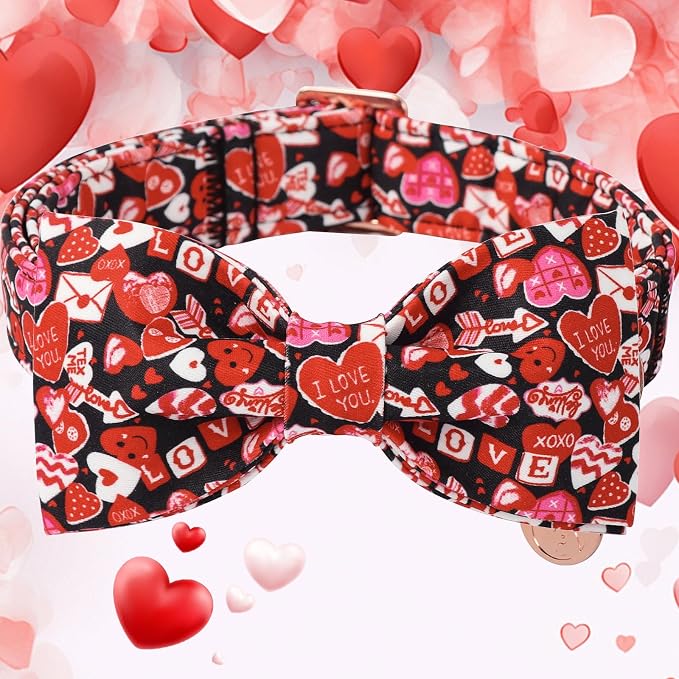 DOGWONG Valentine's Dog Collar with Bow - Cute Heart Bowtie Dog Collars, Adjustable Valentine Pink Candy Heart Pet Design Dog Collar with Quick Release Buckle for Puppy Girl Boy Dogs