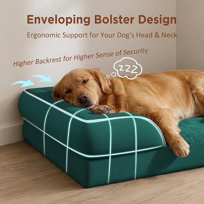 Comfort Expression Orthopedic Dog Bed for Extra Large Dogs with Bolster | Waterproof Dog Couch Bed with Washable Cover & Non-Slip Bottom, Supportive Egg Crate Foam Big Dog Bed, 53x42Inch
