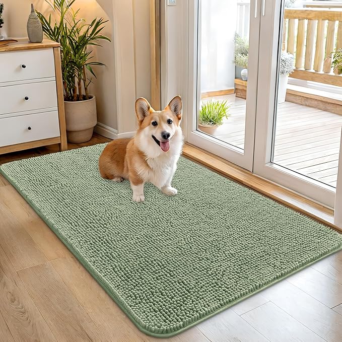OLANLY Dog Door Mat for Muddy Paws 45x27, Super Absorbent Chenille Mud Mat | Sage Green, Absorbs Moisture and Dirt, Non-Slip Machine Washable Doormat, Quick-Drying Indoor Entryway Floor Carpet for Dogs