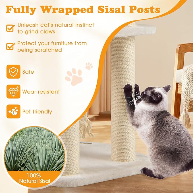 41 Inch Modern Cat Tree for Indoor Cats, Multi-Level Cute Cat Tree with Scratching Posts, Hand-Made Wicker Cat Condo & Top Perch, Dangling Ball, and Sisal Rope, Beige