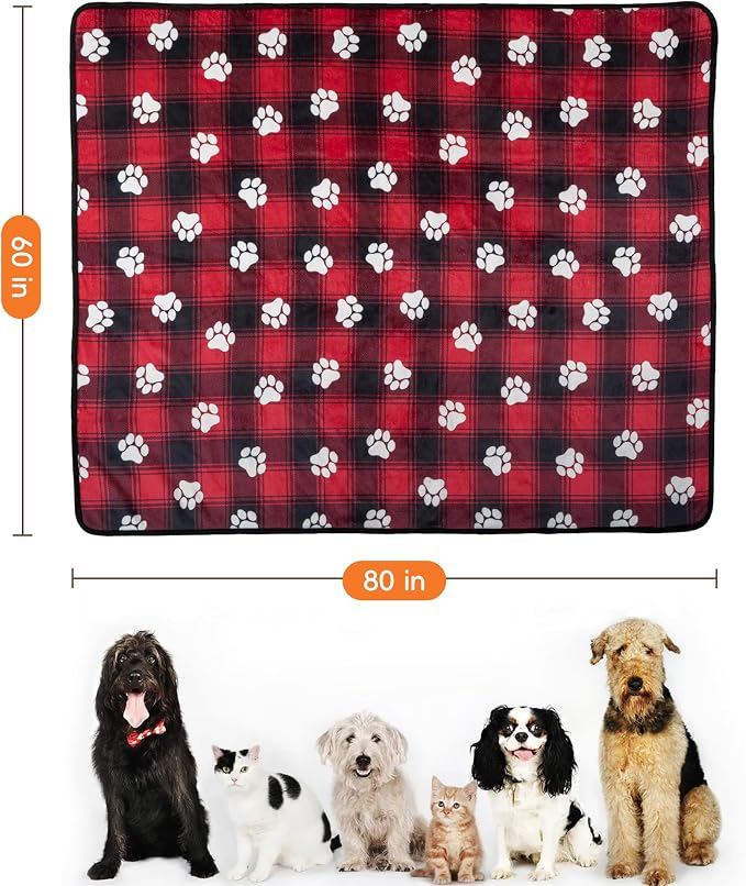 Waterproof Dog Blankets Pet Blanket 60"x80", Soft Fluffy Sofa Car Bed Protector, Reversible Sherpa Fleece Dog Blanket for Large Dogs Christmas Decor(Paw Red)