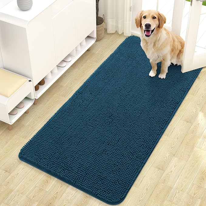 OLANLY Dog Door Mat for Muddy Paws 47x24, Super Absorbent Chenille Mud Mat | Atlantic Blue, Absorbs Moisture and Dirt, Non-Slip Machine Washable Doormat, Quick-Dry Indoor Entryway Floor Carpet for Dogs