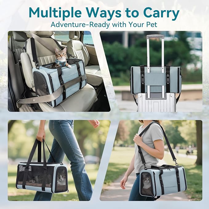 PETSFIT Large Cat Car Carrier with Patented Safety Buckles(19 x 12 x 12) – Roomy Escape-Proof for Safe Driving, Lockable Zippers & Safety Tether, Soft-Sided Travel Carrier for Road Trips & Vet Visits