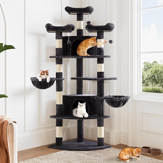 Allewie 73in Fan-Shaped Space-Saving Corner Cat Tree Tower, Dark Grey | Multi-Level Tall Cat Tree for Indoor Cats, Cozy Baskets, Condos, House, Perches, Sisal Scratching Posts, Pet Activity Center