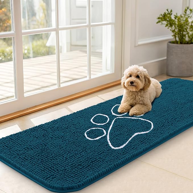 OLANLY Dog Door Mat for Muddy Paws 59x20, Paw Print Design Chenille Mud Mat | Atlantic Blue, Absorbent, Traps Moisture and Dirt, Non-Slip Washable Doormat, Quick-Dry Indoor Entryway Floor Carpet for Dogs