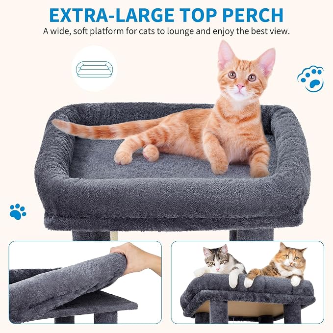 61" Large Cat Tree Tower for Indoor Cats, Heavy-Duty Multi-Level Cat Condo for Maine Coon & Big Cats with Extra-Large Perch, 2 Spacious Houses, Sisal Scratching Posts & Hanging Toys-Dark Gray