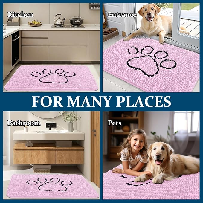 OLANLY Dog Door Mat for Muddy Paws 30x20, Paw Print Design Chenille Mud Mat | Pink, Super Absorbent, Traps Moisture and Dirt, Non-Slip Washable Doormat, Quick-Drying Indoor Entryway Floor Carpet for Dogs