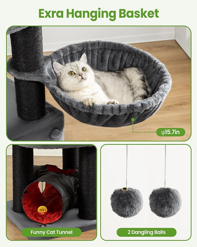 Cat Tree Tower for Large Cats Adult - 60 Inch XXL Sturdy Heavy Duty Extra Wide Scratching Posts (φ4.4in) Condo - Indoor Big Cat House Hammock Perch - XL Wood Multi Level Feline Pet Bed Trees Houses