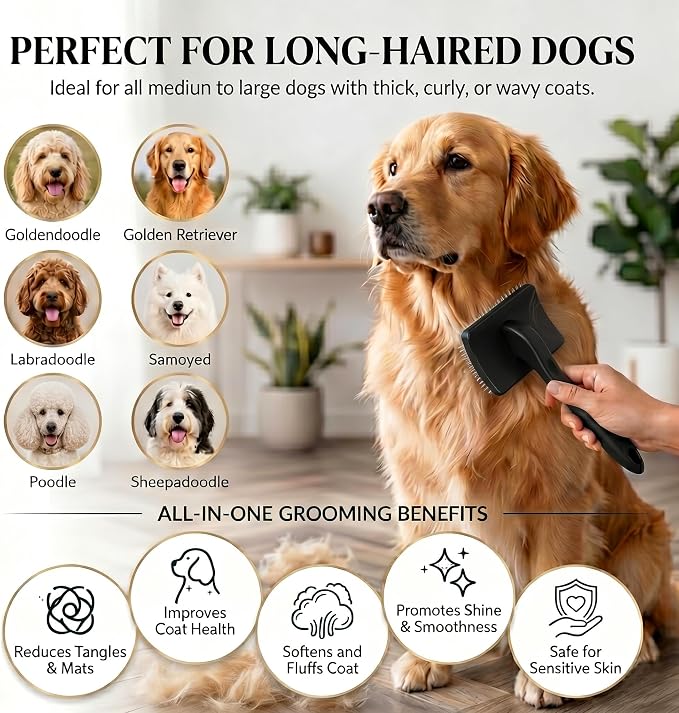 Wooden Slicker Brush Set for Goldendoodles Poodles Long Hair | Dog Brush Set for Bernedoodles, Aussies & Shelties. Perfect for Daily Detangling of Long Thick Hair to Prevent Matting.