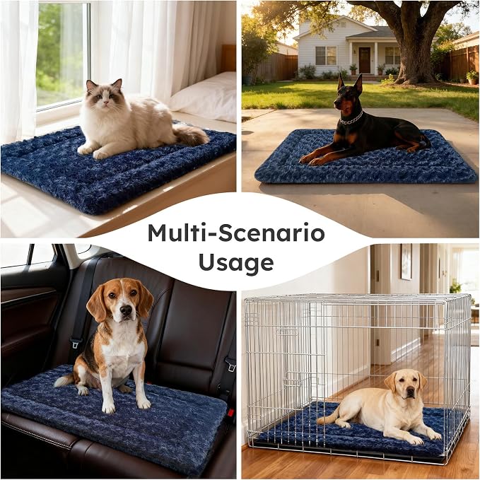 Dog Bed Mat, Dual-Sided Dog Crate Bed Mat - Ultra Soft & Machine Washable Kennel Pad for Medium Dogs, All-Season Comfort Pet Bed for Crates, Travel, and Home, Dark Blue 30 x 18 Inch