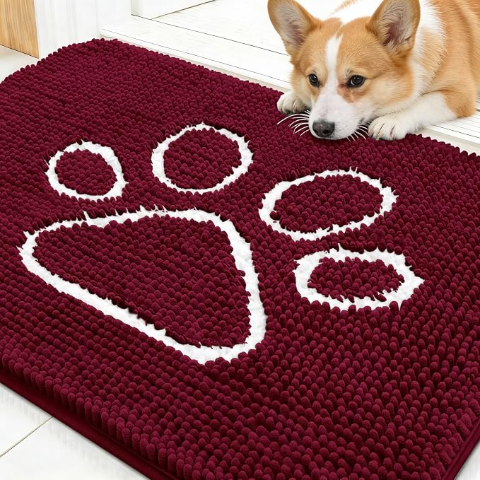 OLANLY Dog Door Mat for Muddy Paws 30x20, Paw Print Design Chenille Mud Mat | Burgundy, Absorbent, Traps Moisture and Dirt, Non-Slip Washable Doormat, Quick-Drying Indoor Entryway Floor Carpet for Dogs