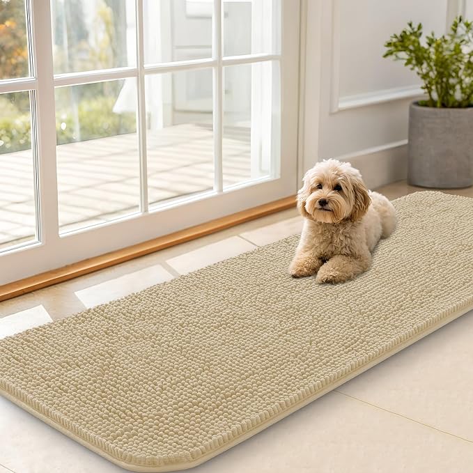 OLANLY Dog Door Mat for Muddy Paws 59x20, Super Absorbent Chenille Mud Mat | Beige, Absorbs Moisture and Dirt, Non-Slip Machine Washable Doormat, Quick-Drying Indoor Entryway Floor Carpet for Dogs