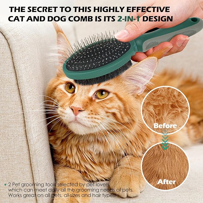2PCS Pet Grooming and Deshedding Tools | 2-In-1 Double-Sided Cat Brush for Shedding and Bathing, Dogs & Cats Shedding Comb for Long and Short Haired Dogs Cats