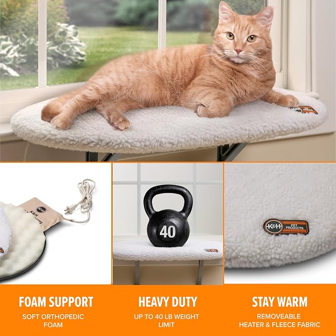 K&H Cat Window Perch, Heated Kitty Sill, Safety Listed, 24x14in, Fleece | Orthopedic Cat Window Hammock Bed Holds 40LBS, Washable Cover, Heated Kitty Windowsill Bed Seat for Indoors, Cream Fleece