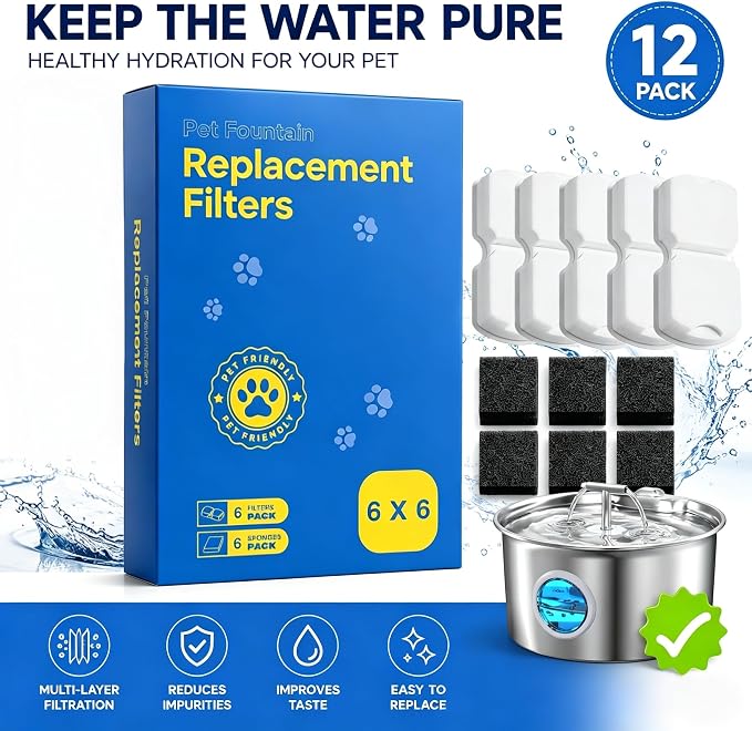 Cat Water Fountain Filter: 12 Pet Fountain Replacement Screen for Stainless Steel - 6 Carbon Filters & 6 Foam Filters - Suitable for Cat Water Fountain Stainless Steel S17