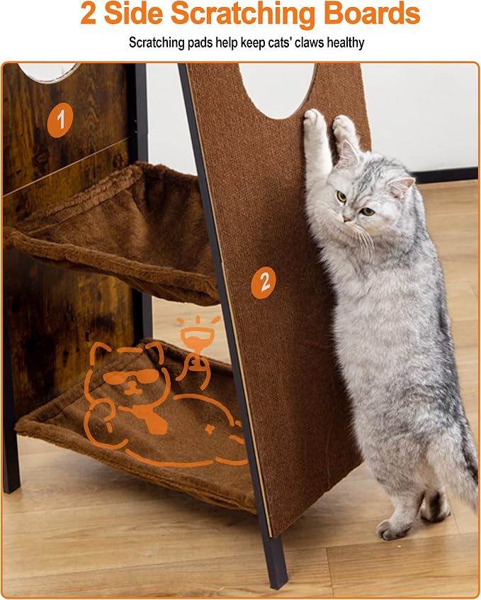 56in Modern Wood Cat Tree Tower for Indoor Cats with Hammock | Multi-Level Climbing Design, 2 Spacious Hammocks, Perch, Cat Condo, Scratching Board, Ideal for Multi-Cat Homes, Rustic Brown