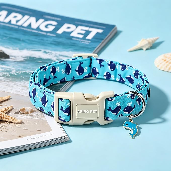 ARING PET Summer Dog Collar-Cute Blue Dog Collar for Small Dogs, Adjustable Cotton Whales Pet Collars Puppy Collar for Small Medium Large Dogs