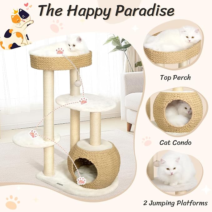 Modern Cat Tree, 39" Tall Cat Tree for Large Cats Cat Condo | Natural Sisal with Scratching Posts Indoor Cats, Hand-Woven Tower & Top Perch, Cat-Tree for Kittens Climb Play & Rest