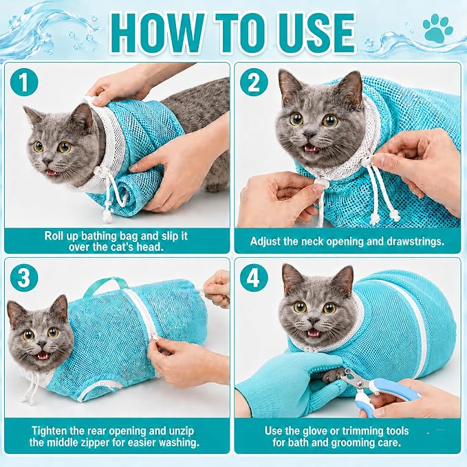 Cat Bathing Set with Pet Grooming Gloves for Cat Grooming, Upgraded Breathable Cat Bag for Bath with Openable Zipper and Reinforced Handle, Cat Washing Set with Nail Clipper File (Green)