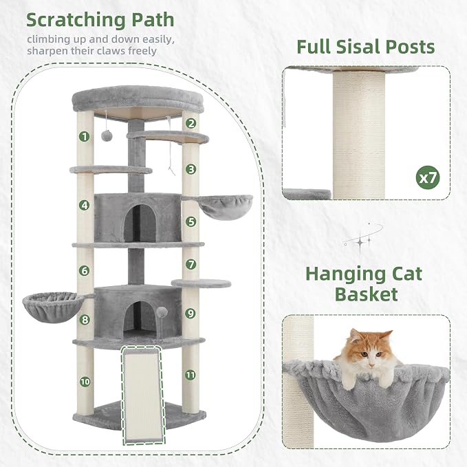 Corner Cat Tree, All Sisal Multi-Cat Scratching Posts GCT035W | 63.8" Cat Tower for Indoor Cats with Cat Condo, 2 Large Cat Caves, Big Top Perch, 2 Hanging Baskets & Sisal Ramp, Light Gray