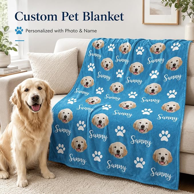 Personalized Dog Blanket, Customized Pet Blankets with Name Picture, Throw Blanket for Small Medium Large Dog Puppy Cat