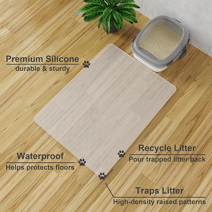 OHMO Large Cat Litter Mat, 31.5x23.6 Semi Transparency, Premium Silicone Rubber, Waterproof & BPA-Free, Traps Litter, Easy to Clean, Keeps Floors Tidy