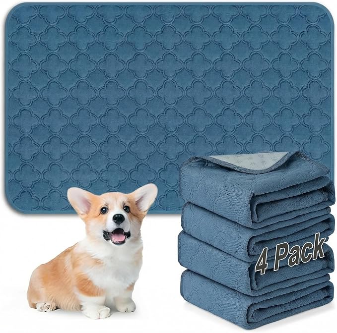 FunFurry Washable Pee Pads for Dogs - 4 Pack Reusable Pee Pads，Waterproof Puppy Pads，Pet Training Pads，Super Absorbent with Dog Paw Shape Non-Slip Backing (Blue, 18" X 24" - 4 Pack)