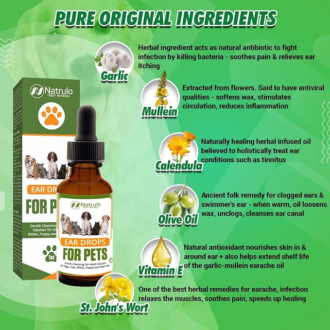 Natural Ear Cleaner for Dogs, Cats, Kitten, Puppy – Gentle Cleansing Ear Wash Solution Mite Infection & Yeast Treatment for Pets – Drying, Healing Medicinal Ear Cleaning Drops Made in USA