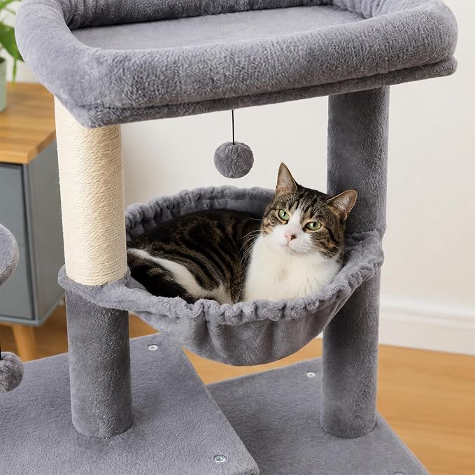 Multi-Level Cat Tree for Indoor Cats, Cat Tree Tower with Big Cat Hammock, Indoor Climbing Activity Tower with Scratching Posts, Grey