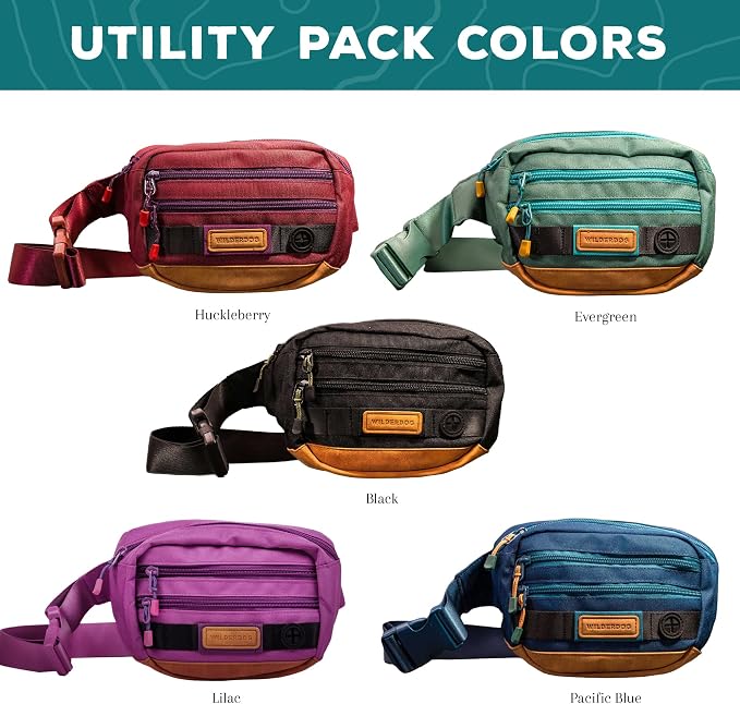 Wilderdog Utility Fanny Pack stores Treats, Balls, Keys in 3 Pockets with adjustable strap and Poop Bag dispenser (Black)