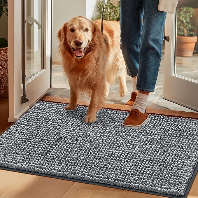 EHEYCIGA Super Absorbent Dog Door Mat for Muddy Paws 48x30 Inch Indoor, Front Doormat Outside Entrance, Quick Dry Chenille Washable Dog Crate Bed, Non-Slip Pet Rug Mud Mat Outdoor Entryway, Grey