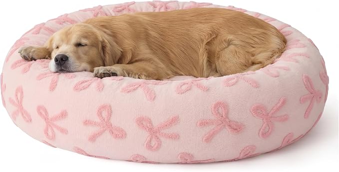 LE SURE Shown on TV Donut Dog Bed Extra Large Size Dog - Round Pet Beds for Calming Puppy with Washable Cover, Orthopedic Modern Beds with Jacquard Shaggy Plush & Anti Slip Bottom, 42 Inch，Pink Taffy