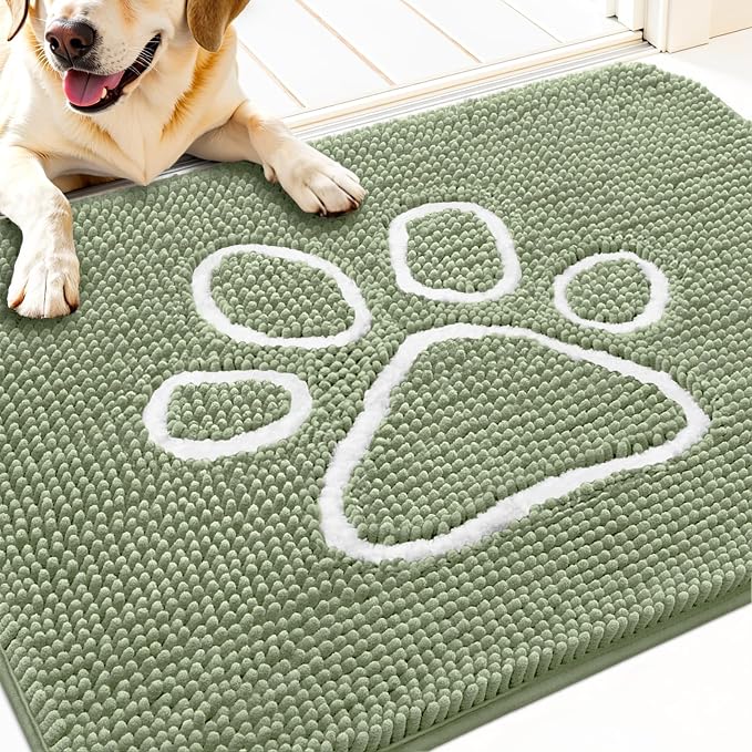 OLANLY Dog Door Mat for Muddy Paws 32x20, Paw Print Design Chenille Mud Mat | Sage Green, Absorbent, Traps Moisture and Dirt, Non-Slip Washable Doormat, Quick-Drying Indoor Entryway Floor Carpet for Dogs