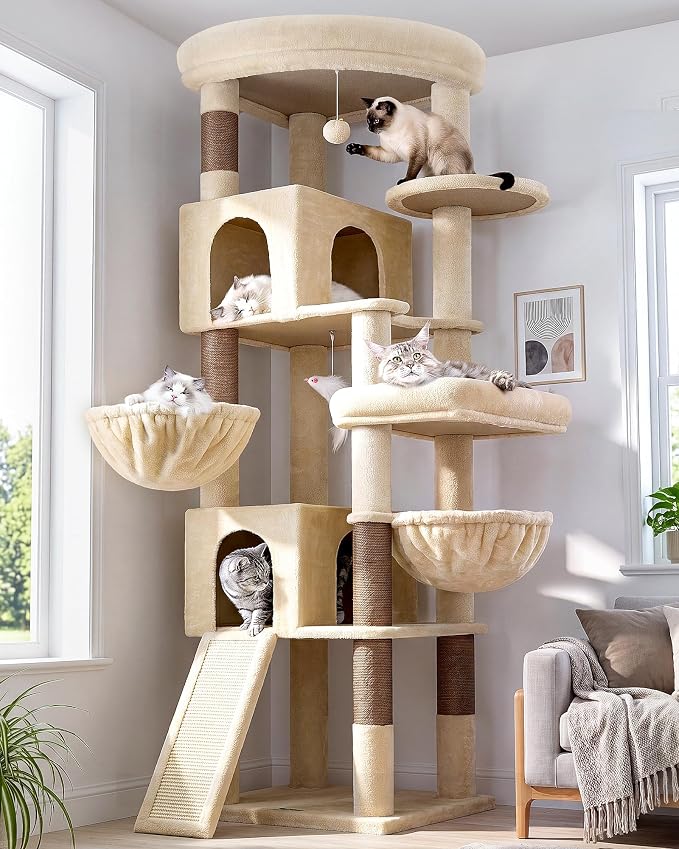 Globlazer Maine Coon Corner Cat Tree for Indoor Cats 74in, C74, Beige | Tall Heavy Duty Cat Tower for Large Multiple, 2 Big Platforms, 2 Extra Large Cat Condos, 2 Baskets, Sisal Scratching Board