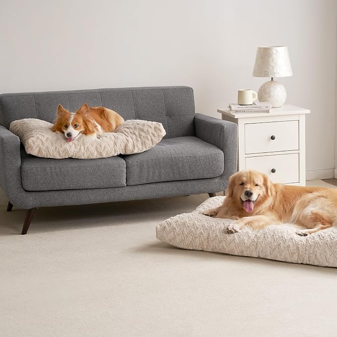 EHEYCIGA Washable Dog Bed for Crate 36x27 Inch, Anti-Slip L Plus Kennel Pad for Dogs Up to 55 lbs, Plush and Comfy Pet Sleeping Mat, Beige